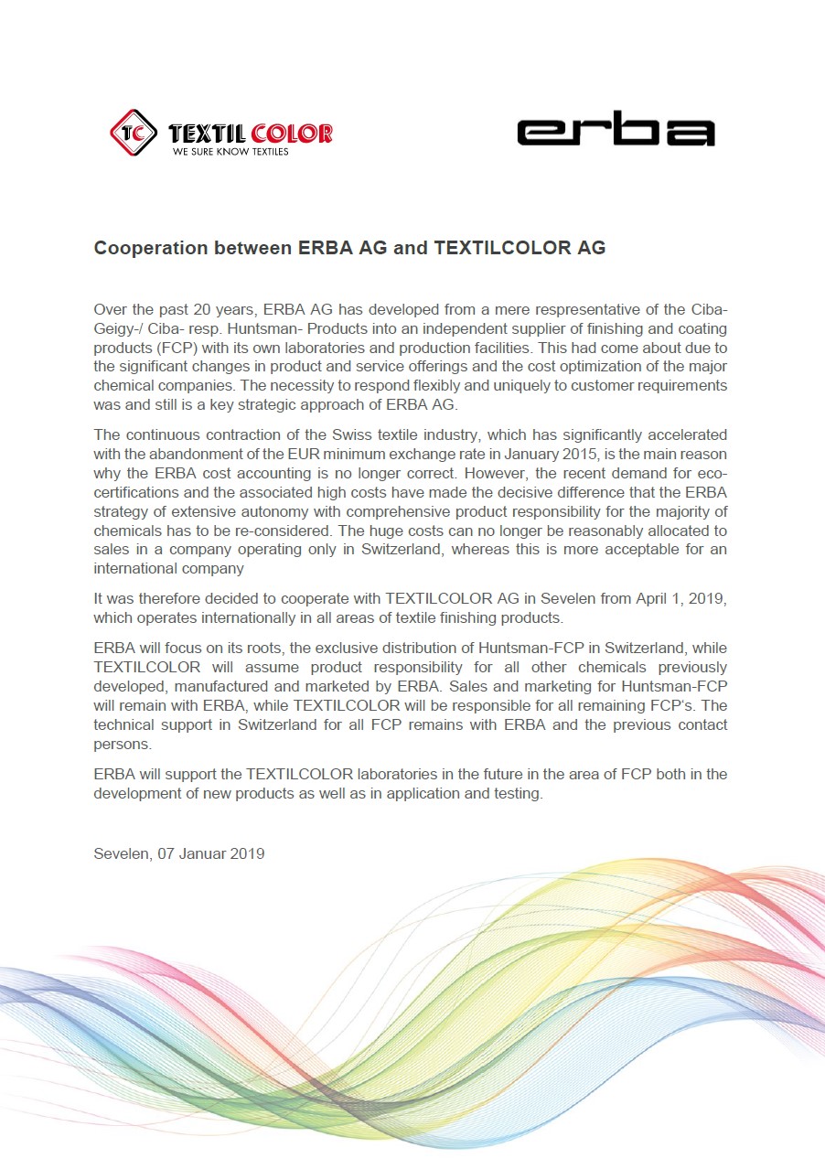 EN Kooperation zwischen ERBA AG und TEXTILCOLOR AG