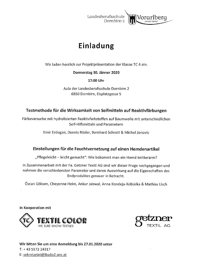 Einladung Projektprsentation Landesberufsschule Dornbirn