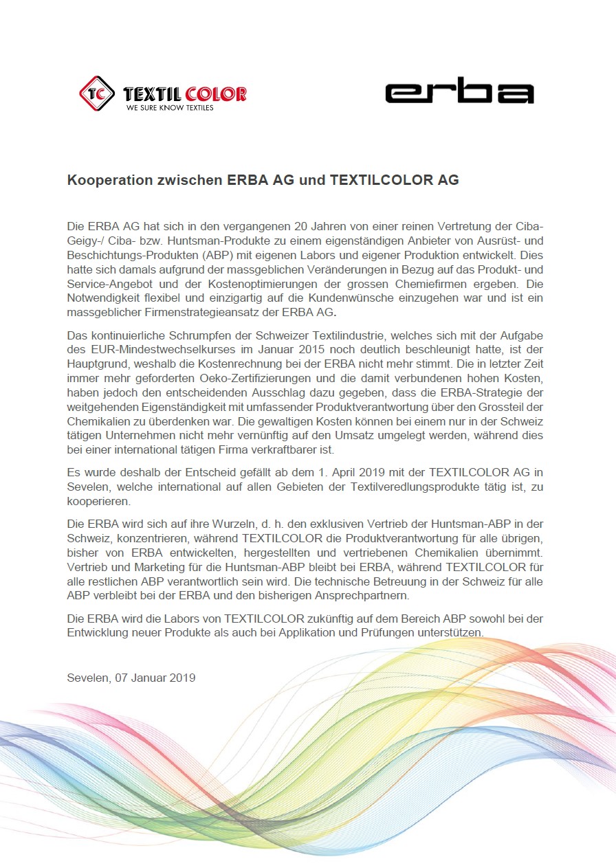 Kooperation zwischen ERBA AG und TEXTILCOLOR AG