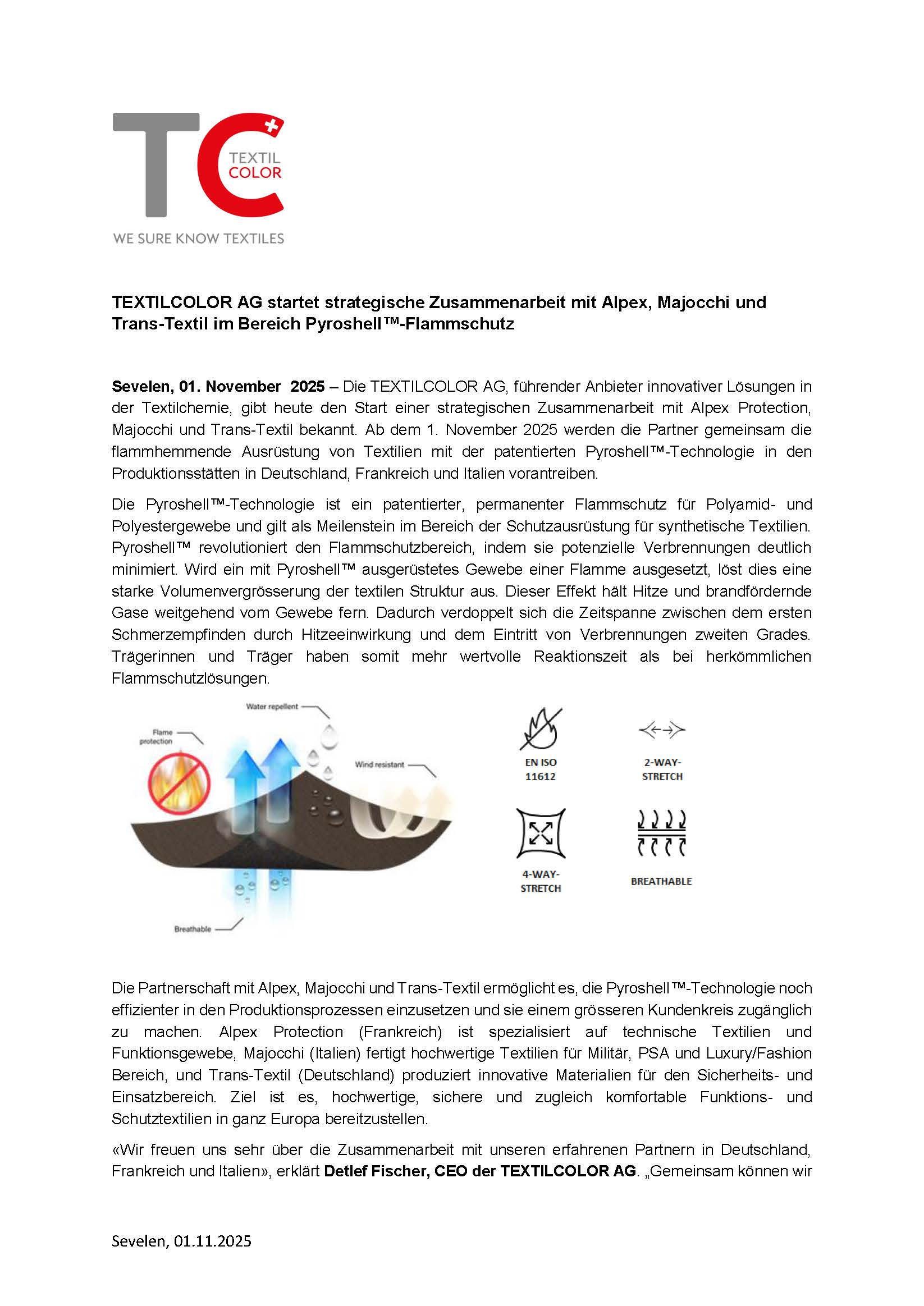 Pressemitteilung TEXTILCOLOR AG startet strategische Zusammenarbeit mit Alpex Majocchi und Transtex im Bereich Pyroshell Flammschutz DE Seite 1