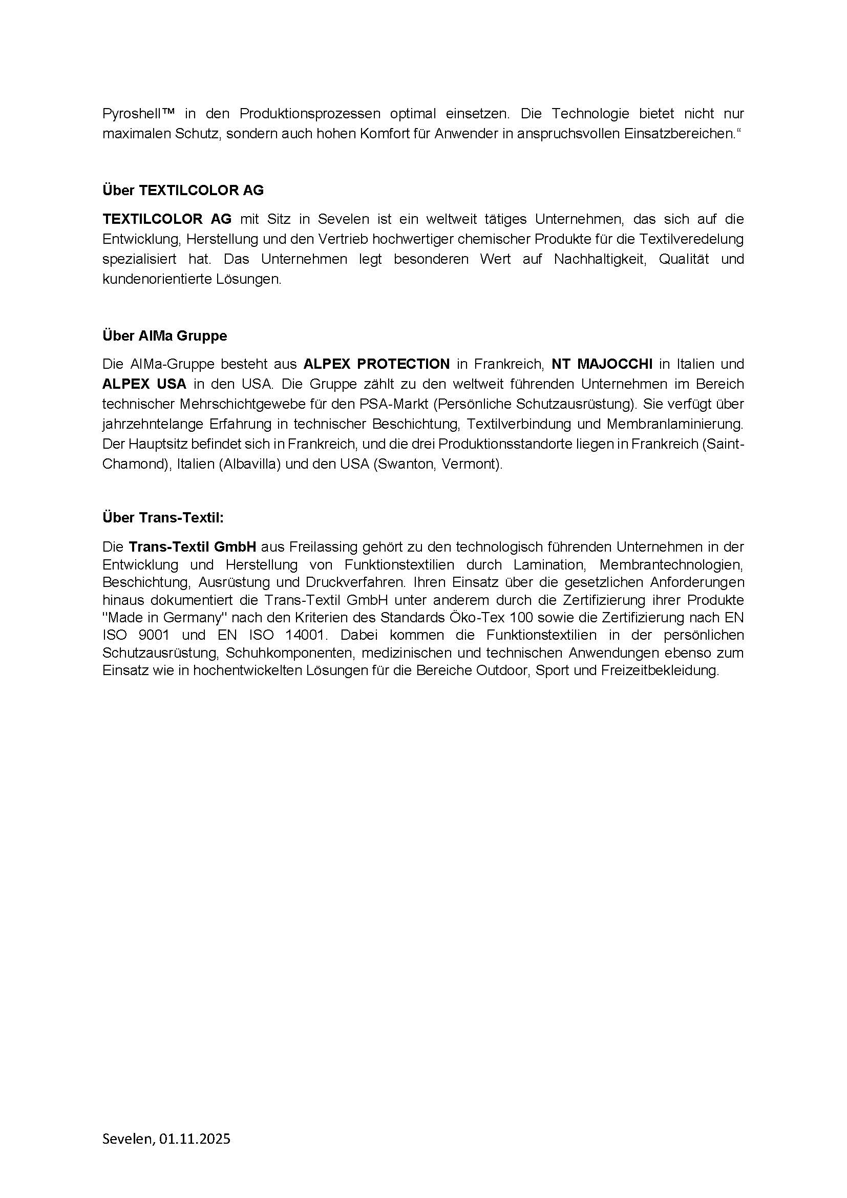 Pressemitteilung TEXTILCOLOR AG startet strategische Zusammenarbeit mit Alpex Majocchi und Transtex im Bereich Pyroshell Flammschutz DE Seite 2