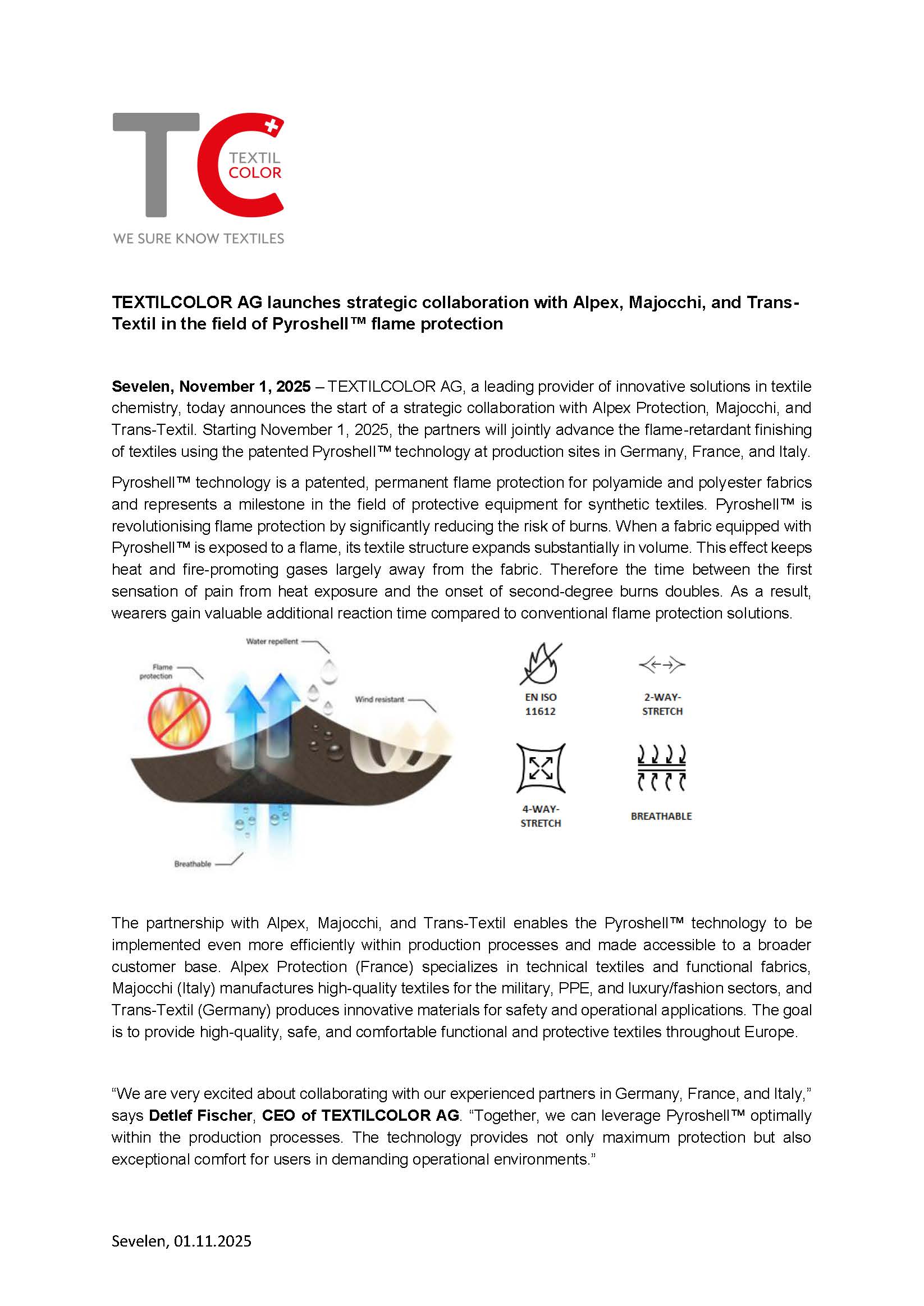 press release TEXTILCOLOR AG launches strategic collaboration with Alpex Majocchi and Trans Textil in the field of Pyroshell EN Seite 1