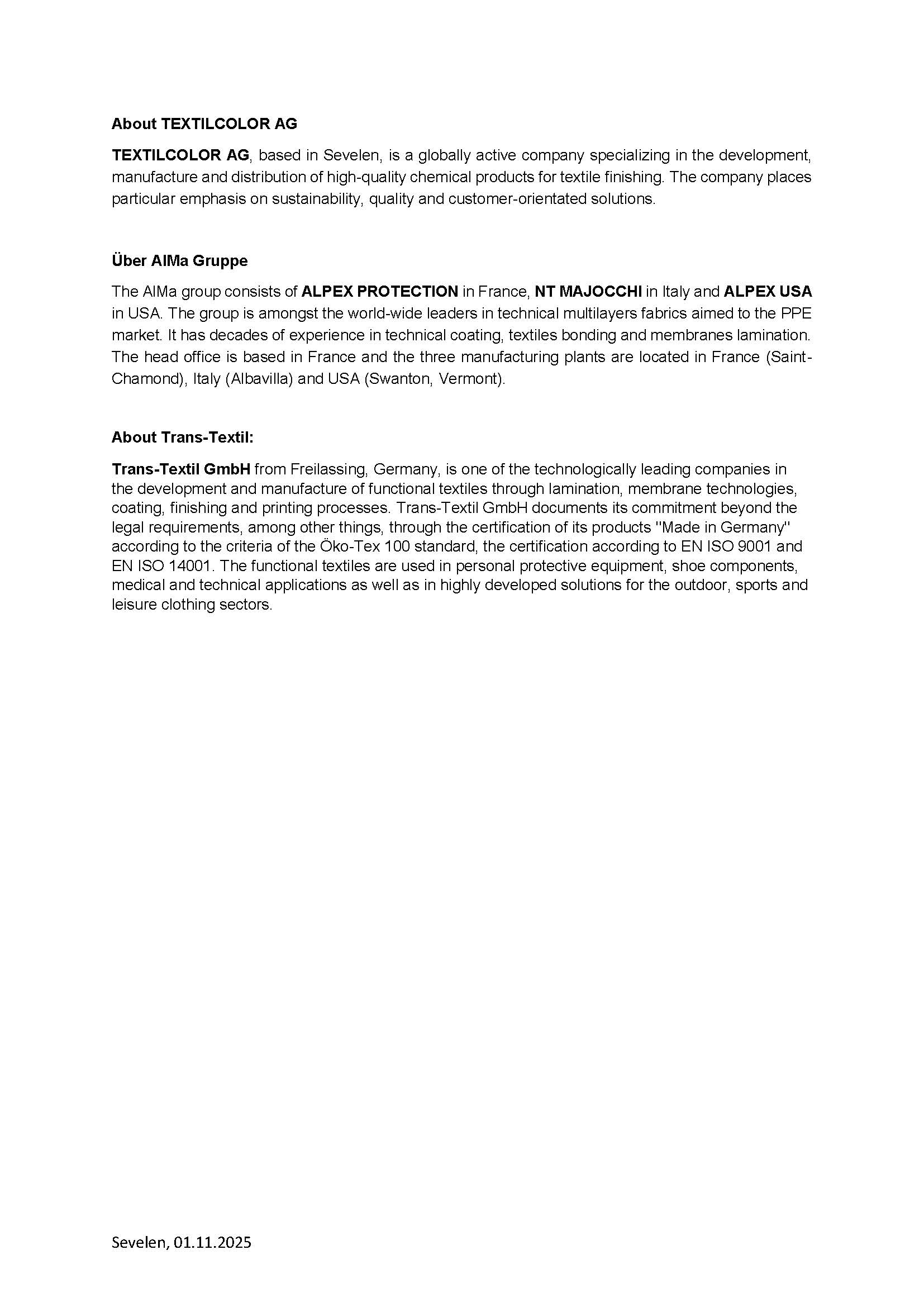 press release TEXTILCOLOR AG launches strategic collaboration with Alpex Majocchi and Trans Textil in the field of Pyroshell EN Seite 2
